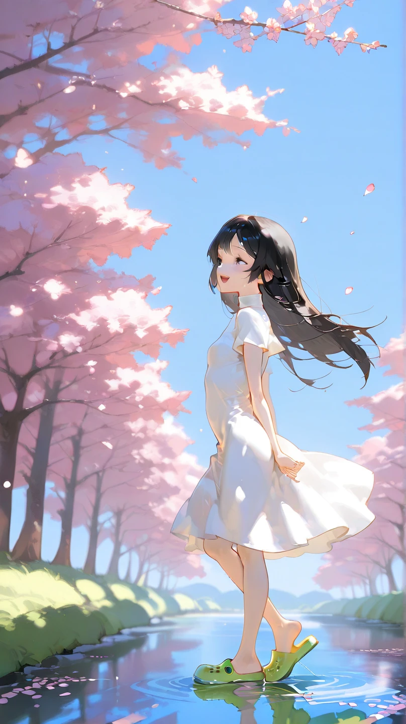 UHD, Super Detailed, High Quality, Best Quality, Masterpiece, detailed background, High Resolution, Anatomically Correct, 1girl, petite,skinny. A 14-years-old junior high school girl, smile, pony, long black hair, she wear a white turtleneck sun dress, short sleeves, and crocs shoe. she standing on one leg at garden of sakura flowers within the cherry blossom trees, pink flower petals blown by the wind, the sides is filled by flower petals, looking away, happy, half-closed eyes, open mouth smile, she carefreely walk on shallow water of a river , from side, the shot was taken from a distance where it also captures the scenery dramaticly, Wide Shot, F/1.2, head level, dramatic pose