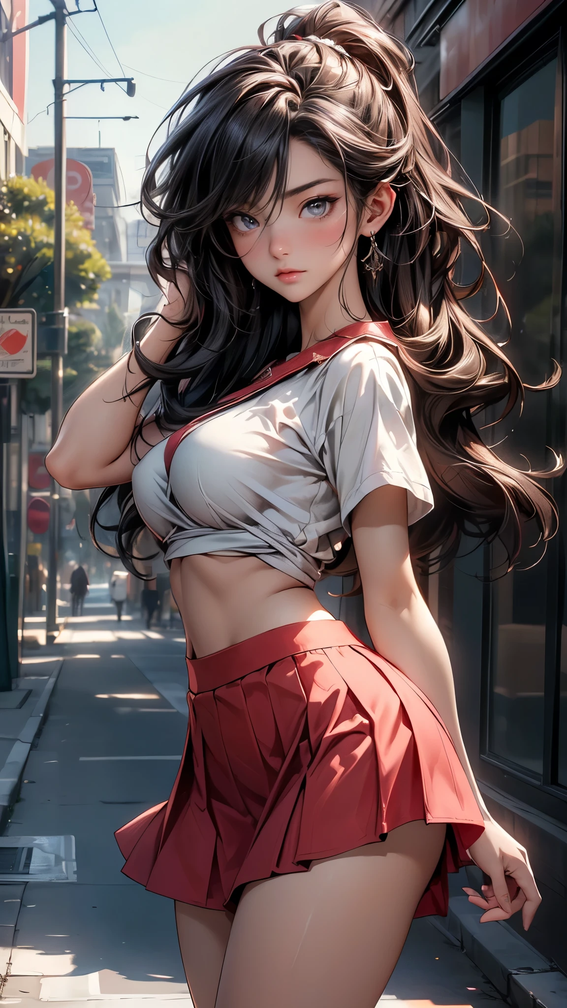 (natural, High resolution:1.3), 1 girl with a perfect body, Super fine face and eyes.,Long hair, loose hair, hair flying with the wind, red hair, curly hair, Random Color Tank Top.:1.2, short jeans, medium tits,expose cleavage, (seductive)