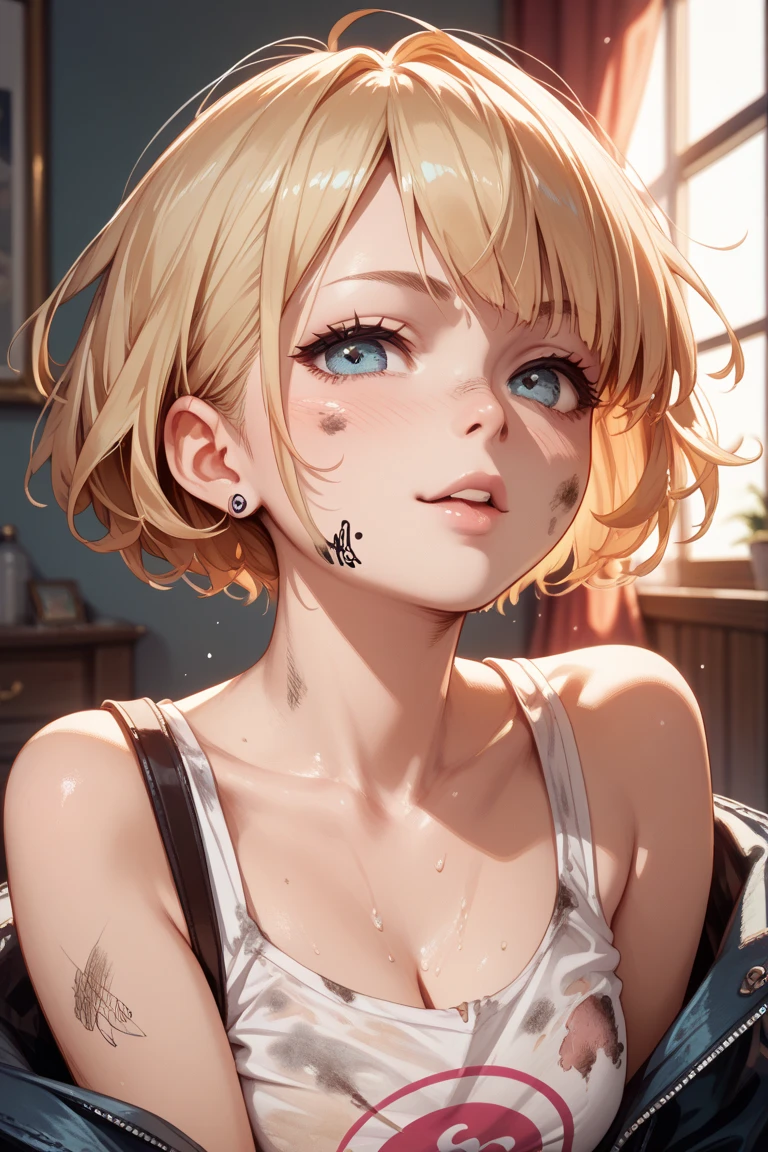 Traditional Media:1.2), (2D:1.2), (Center:1.3), Illustration, (((Masterpiece))), (((16 year old girl))), (((from above))), sitting on chair, blonde hair, highres, absurdres, white background, no bra, photorealistic, lifelike, steamy, blushing, sleeveless, youthful appearance, (((embarrassed look))), lip gloss, (((armpits))), (((looking at viewer))), (((bare skin))), ((medium chest)), correct anatomy, perfect face, detailed eyes, leaking, spurting, pouring, spouted, (((choker))), thighs, mascara, fair skin, beautiful, hairy genitals, (((white t-shirt)))
