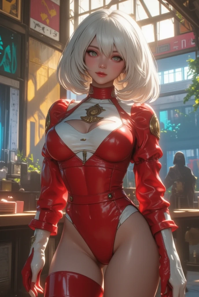 Tall albino woman very smiling, 30 years old, with red eyes and long white hair, wearing a red and silver cowgirl outfit with disco lights in the background Riding a mechanical bull, raising one hand anime style