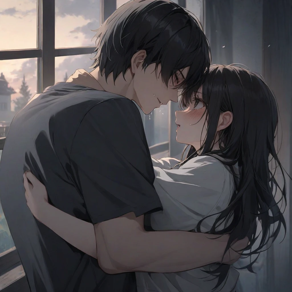 (1 boy, 1 girl),looking down, long dress, Long hair,outside, raining, soaking wet, storm, Heavy rain, railing, Bridge, crying, Mature body, medium breasts,(Hug from behind:1.2), sad expression,