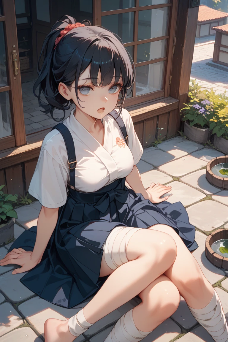 Photorealistic、(Black Hair、sleepy、Mouth slightly open、hair ornaments、Sitting、Cute Shoes)、Lily of the valley hill、night