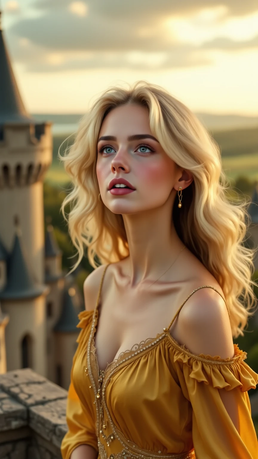 beautiful princess, Gorgeous blonde, Woman looking at the sky from the roof of a huge castle, unfocused gaze, Expression longing for something, Detailed description Realistic portrait, 4k High Resolution , HDR, professional-grade, vibrant colors, soft lighting, Princess in a landscape, detail, Gorgeous golden dress, Classic fantasy art