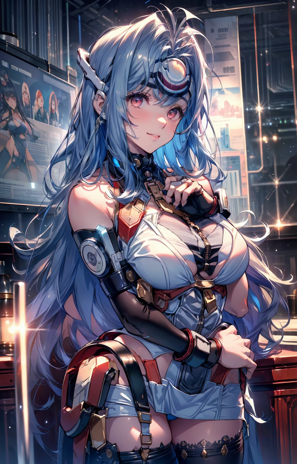 (8k, best quality, masterpiece:1.2), ultra-detailed, (high brightness:1.3), (high contrast:1.1), (high saturation:1.1), (anime screencap:1.20), 1girl, ((solo:1.20)), (mejiro ardan \(umamusume\))), ((animal ears, horse ears, horse girl, horse tail)), ((long hair:1.10)), ((light blue hair:1.5)), ((((hair ornament:1.5)), (ear ornament:1.3), cute, ((Detailed details eyes:1.5)), cute, (red blush:1.5), (((((race queen:1.10))))), skirt, ((blue skirt:1.10)), ((white jacket:1.10)), ((boots:1.10)), (gloves, black gloves), jacket, midriff, ((full body:1.20)), breasts, thigh boots, navel, half gloves, cropped jacket, ((high heel boots:1.10)), ((white footwear)), jacket removed, ((thighhighs:1.10)), planted, high heels, ((thigh strap:1.5)), (((saggy large breasts:1.20))), (((cleavage:1.20))), ((miniskirt:1.20)), ((cute smile, happy)), (((bandeau:1.20))), standing, holding, ((crop top:1.10)), ((puffy nipplse:1.10)), (((large areola:1.10))),