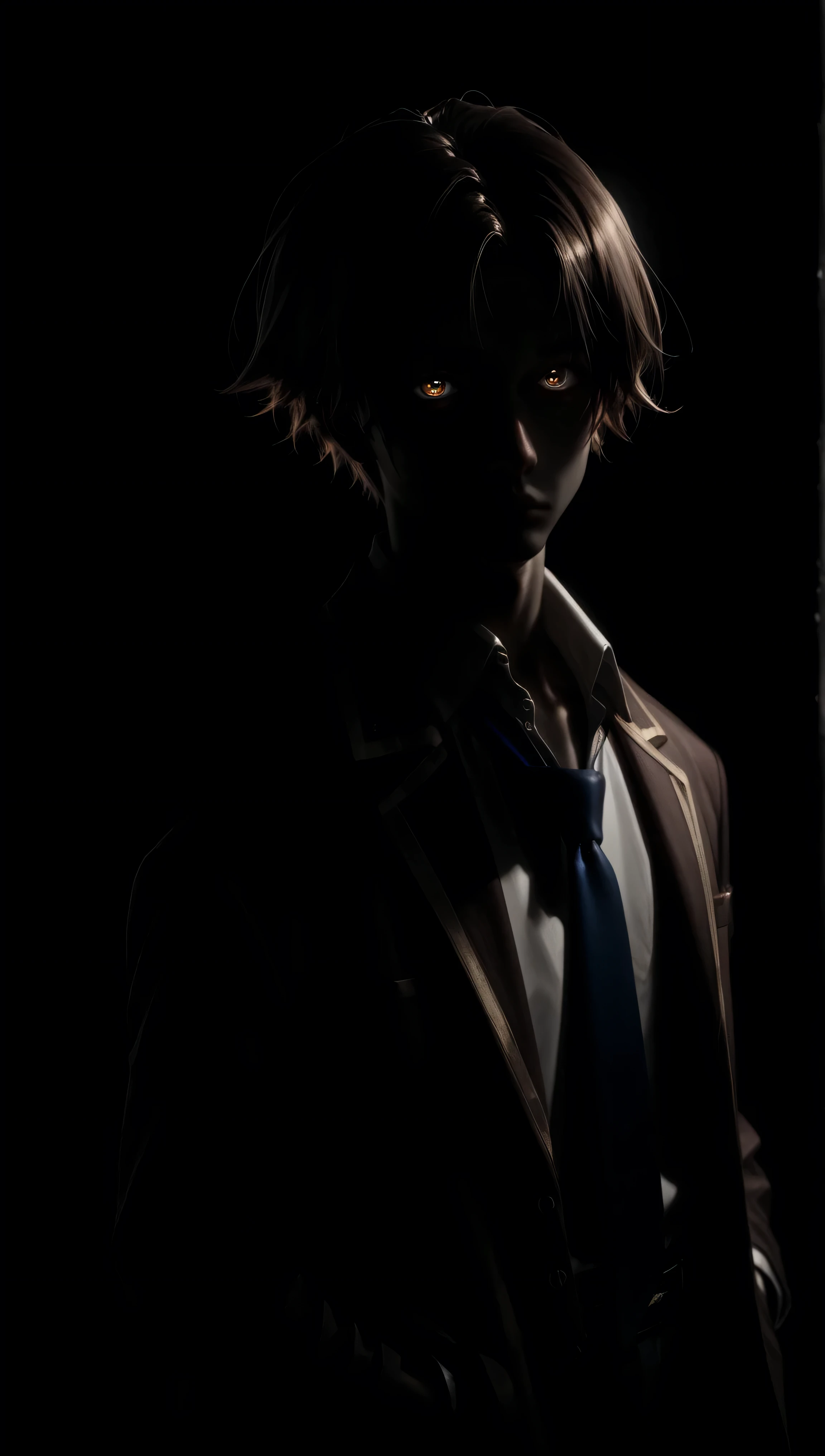 1boy, brown hair, brown eyes, calm eyes, short hair, bangs, parted bangs, school uniform, jacket, necktie, blue necktie, shirt, white shirt, collared shirt, looking at viewer, looking at viewer, very aesthetic, masterpiece, luminous eyes, cool calm gaze, relaxed eyes, hands in pockets, turned to the viewer, at night on the street, near the dormitory building, It stands flat, wallpaper