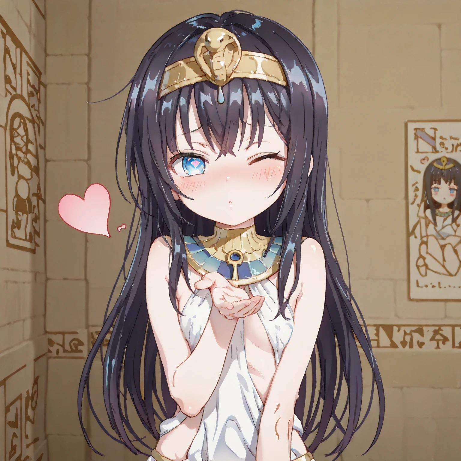 1girl,kawaii,loli,bishoujo,adorable_girl,fair_skin,black hair,straight_hair,long hair,loli,small girl,slender, skinny,small breasts,ancient egyptian clothes,blush,blowing kiss, heart,wince,blue eyes,x_shaped_pupils
