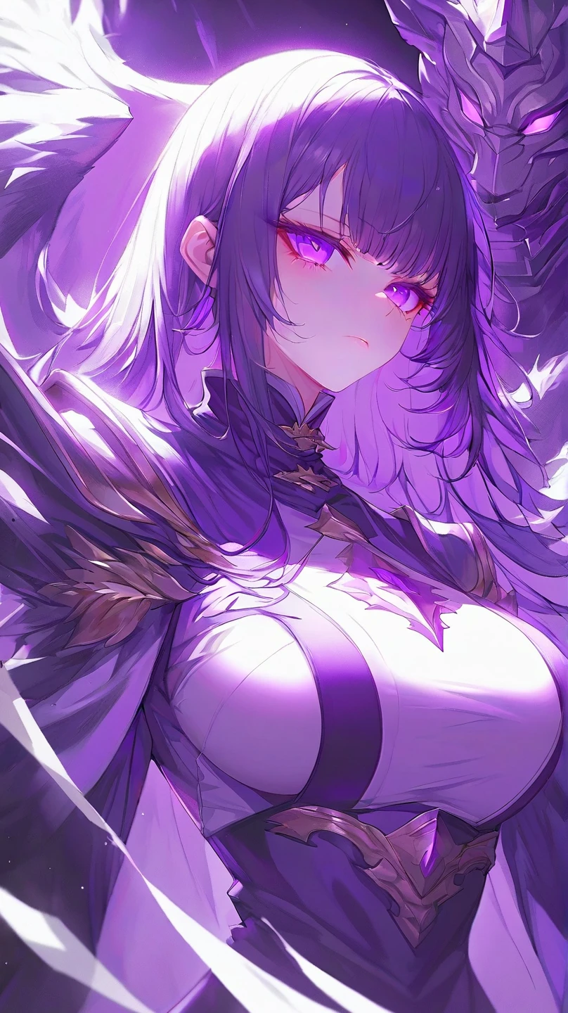 (master piece), (Extremely delicate and beautiful),(depth of fields,Dynamic Angle),1girl in, (Cowboy Shot),(Beautiful detailed illuminated glowing pink eyes), (Beautiful Detail Illumination Purple Long Hair), (Black Dress),(medium breasts),(Giant amethyst crystal floating in the background),(Luminous particles),starrystarscloudcolorful,Outer World AI,Crystal collapse,Goddess of Dragons