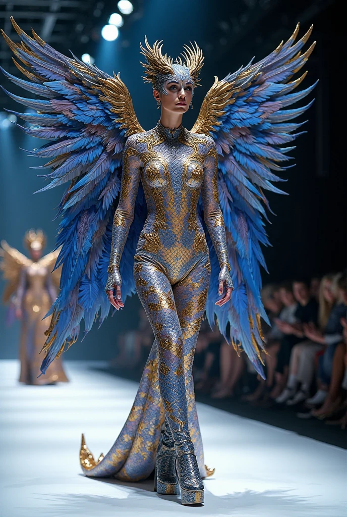 generate an image that shows the entire body of a model walking alone on a catwalk wearing a fashionable and extravagant pink bodysuit with blue details and blue butterfly wings on the back with extravagant pink details and a large body all over 