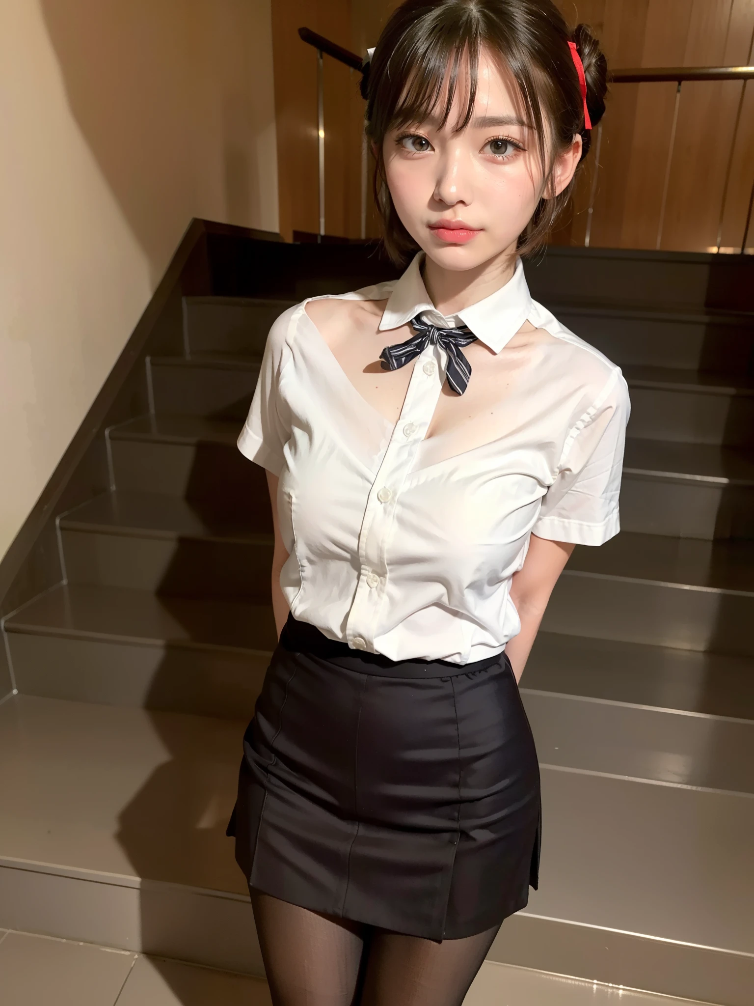 ((Best of the highest quality, 8k, Masterpiece: 1.3, raw photo)), Sharp focus: 1.2, (1 AESPA, slim body type female, 21 y/o: 1.1), (Solo: 1.2), (realistic, photo-realistic:1.37), face focus, cute face, finely eyes, side lighting, using reflectors, (small breasts, flat chest, Thigh: 1.3), (short messy hair, updo: 1.28), (wearing shirt school uniform:1.32), (neat panties:1.32), (ribbon:1.2), walking cafe, bar, sun light, flower, (from below:1.1)