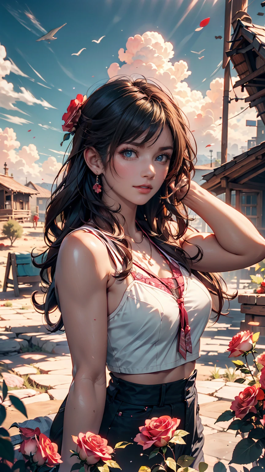 femele,Kizi,a beauty girl,solo person,Hair over the shoulder,Bow hair ornament,Summer dress,coffeehouse,Works of masters,Best image quality,Higher quality,high detal,ultra high resolution,8K resolution,bust,exquisite facial features,s the perfect face,Glowing skin