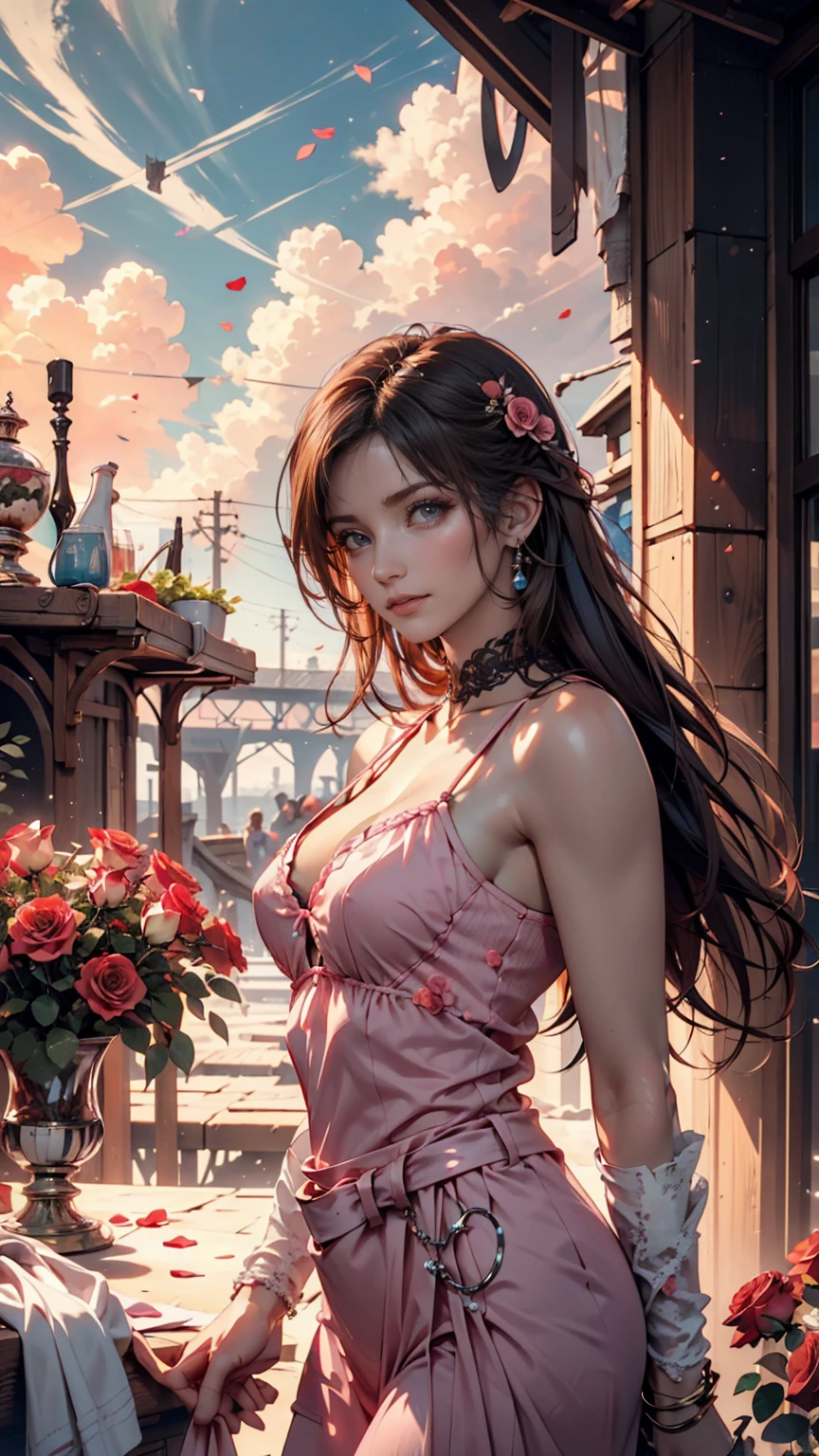 Gray-haired woman, Grey Eyes, Royalty, Red dress, Red Jewelry, Red earrings, Lunar, noble, Lady, high quality, Very detailed, Detailed face, masterpiece, city, Drinking tea, garden, Flowers, Light