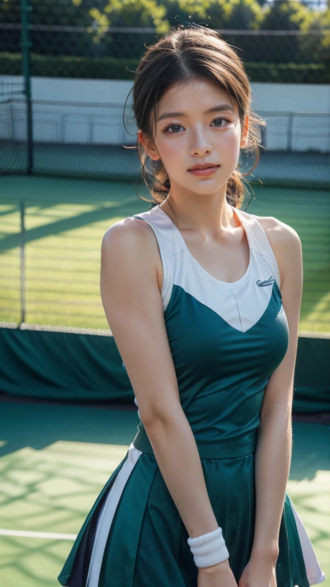 Masterpiece、8k、Very realistic、Japanese、One person、woman、Skinny athletic model body、Flat Chest、tall、whole body、38 years old、(Hairstyle:ponytail(1.6))、Inside the tennis court、The best smile、clothing:Wearing tennis wear