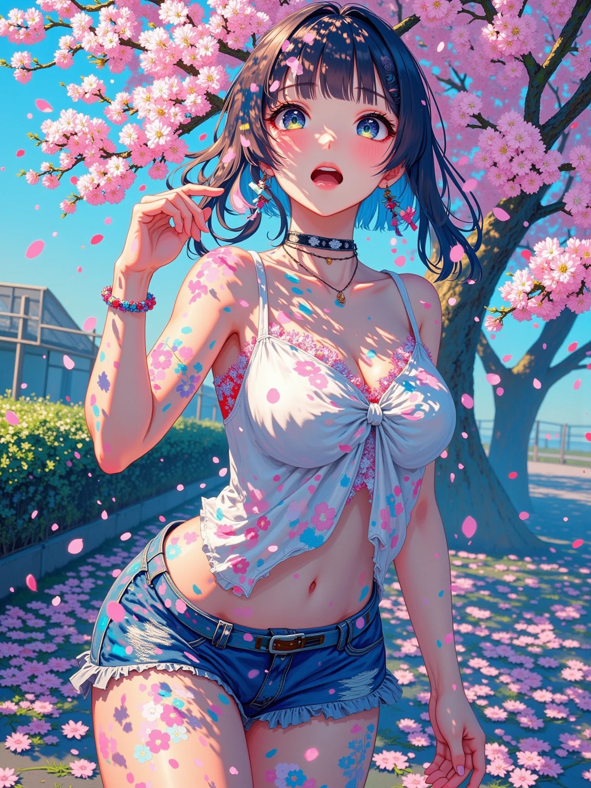 (masterpiece:1.2, Highest quality), (Realistic, photoRealistic:1.4), Ultimate beauty、mature、(Beautiful Features、Detailed lips, Beautiful eyes with attention to detail)、(Beautiful Teeth), blush, Captivating Gaze、masterpiece,(Highest quality,Hyper Detail)、 Natural Makeup,Looking at the camera、Looking up、alone,Cute woman in her 20edium breast、Short Bob Hair、(Bangs too)、Mysterious Beauty, Perching on the clouds, (Fantasy Illustration:1.3), Captivating Gaze, Seductive posture, The charm of another world, Mystical Sky, (Written by Luis Royo:1.2), (Yoshitaka Amano:1.1), ((moon 夜)), pastel colour, (Cloud Detail View:1.3), Outdoor、palace、 (Detailed catsuit、Gingham check pleated mini skirt、Lace frilly panties、Black Choker、Earrings、(topless:1.6)), Side Lock, (Midnight background, full moon、Fantasy、cherry blossoms、petal)、(ejaculation、Semen is on it:1.6)、(Extra Bust Up Shot:1.2)、(Shot from above)、(I'm worried、Open your mouth:1.2)、(Wave your hand)