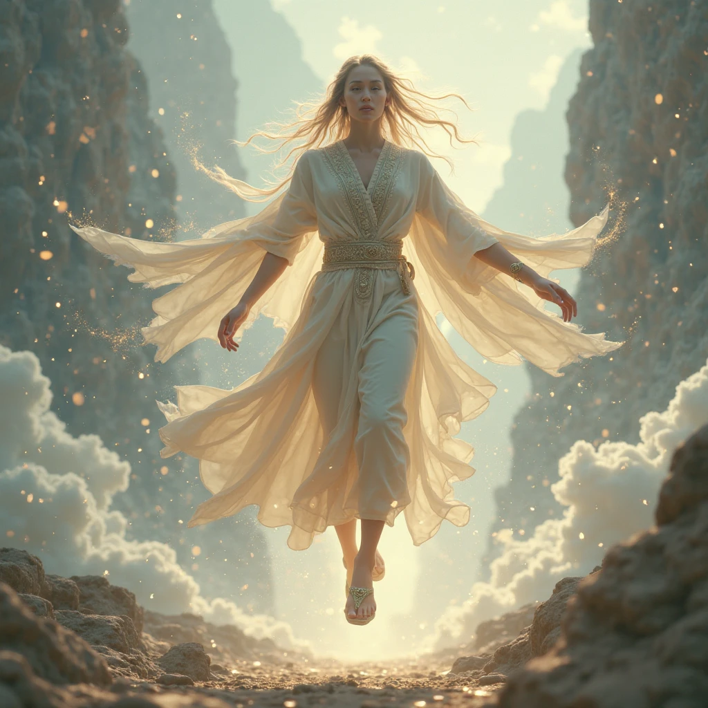 The female summoner floats barefoot,Dressed in a long robe and cloak of golden hair,Raise your arms high,Overlooking the fractured earth,Bright lava light below the asteroid belt (Jagged rocks、boulders and debris shot into the air:1.3) (Wind dust debris storm:1.1) Volumetric fog mist ray tracing z channel bright light from below, (masterpiece) (best quality) (detailed) (8K) (Movie Lighting) (Clear focus) (complex)