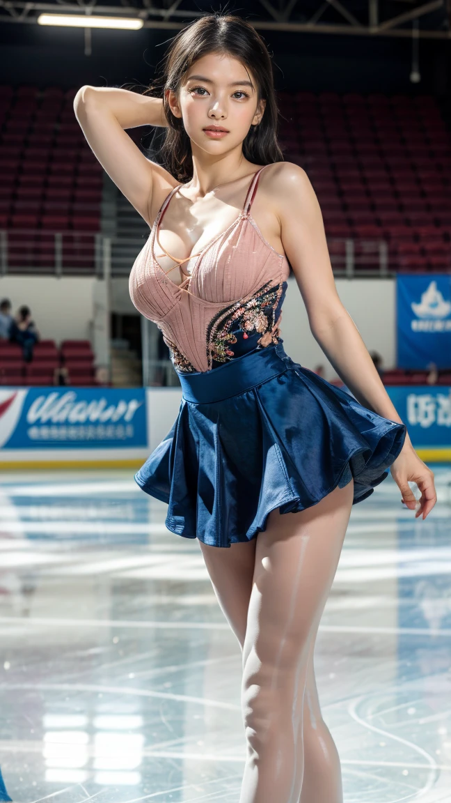 (Raw photo:1.2), (Photorealistic), Beautiful detailed girl, Very detailed eyes and face, Beautiful detailed eyes, Huge file size, High resolution, Very detailed, Best Quality, [masterpiece:1.6], Illustration, Very detailed, Fine detail, Best Quality, 32K Wallpaper, perfect Lighting, in the ice skating rink, she is figure skater, 1 girl, 16 years old, Perfect body shape, medium natural breast, long blonde hair, sexy short ice skater dress, upskirt, dance pose, erotic body, full body photo,