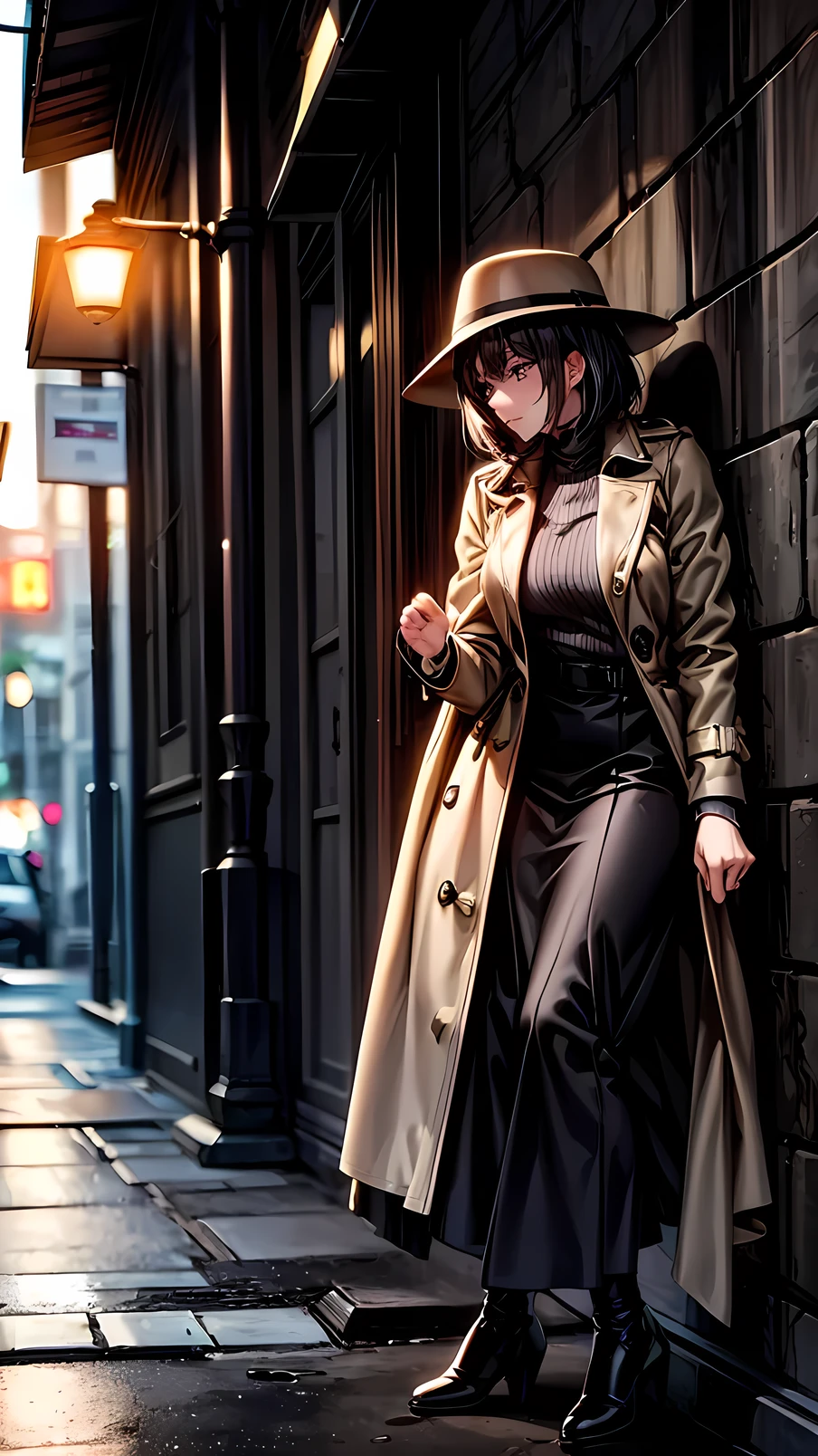 masterpiece, best quality, highly detailed, soft shading, cinematic lighting, beautiful composition, 8k, anime illustration, A woman in detective cosplay inspired by classic hardboiled noir fiction. She has a sleek brown bob haircut and wears a beige trench coat, blending into a shadowy urban alleyway as if tailing someone. She crouches slightly against a brick wall, with a playful but focused expression, pretending to be a private investigator. The scene has moody lighting with strong shadows, reminiscent of film noir style, with vintage tones and a touch of theatrical flair. A fedora hat might be tucked under her arm or nearby for dramatic effect. Urban setting, rain-soaked pavement, soft neon glow in the distance.