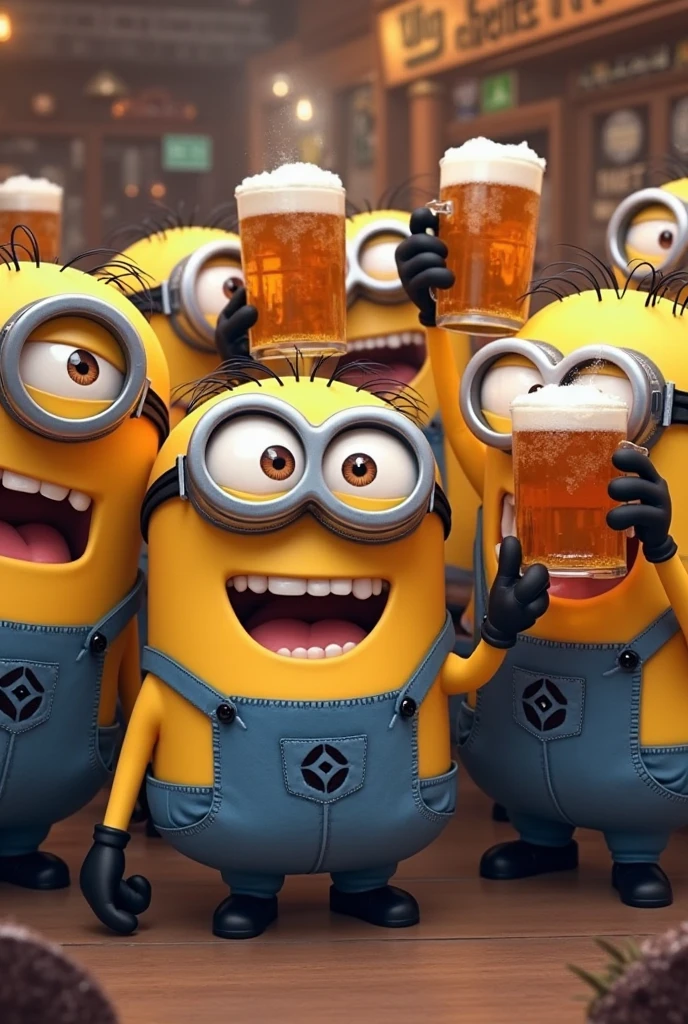 create an image with the main minions drinking crystal beer, one of them roasting meat on a barbecue grill, some playing cards and others in the pool at a farm 
