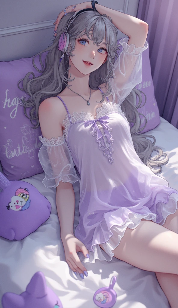 Sleeping girl, lie down, 18 years old, realistic, wearing a transparent nightgown with pink panties, open legs, satisfied and reliafed expression, brown hair, sweating, Pink bed theme with a few cute stuffed animals on the bed, a wet big pink rod on the bedside table, wet hair