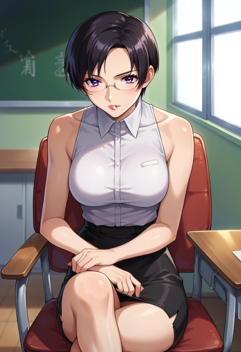 (masterpiece, best quality), intricate details, 1girl, komi_shouko, white shirt, classroom, cleavage, sweaty