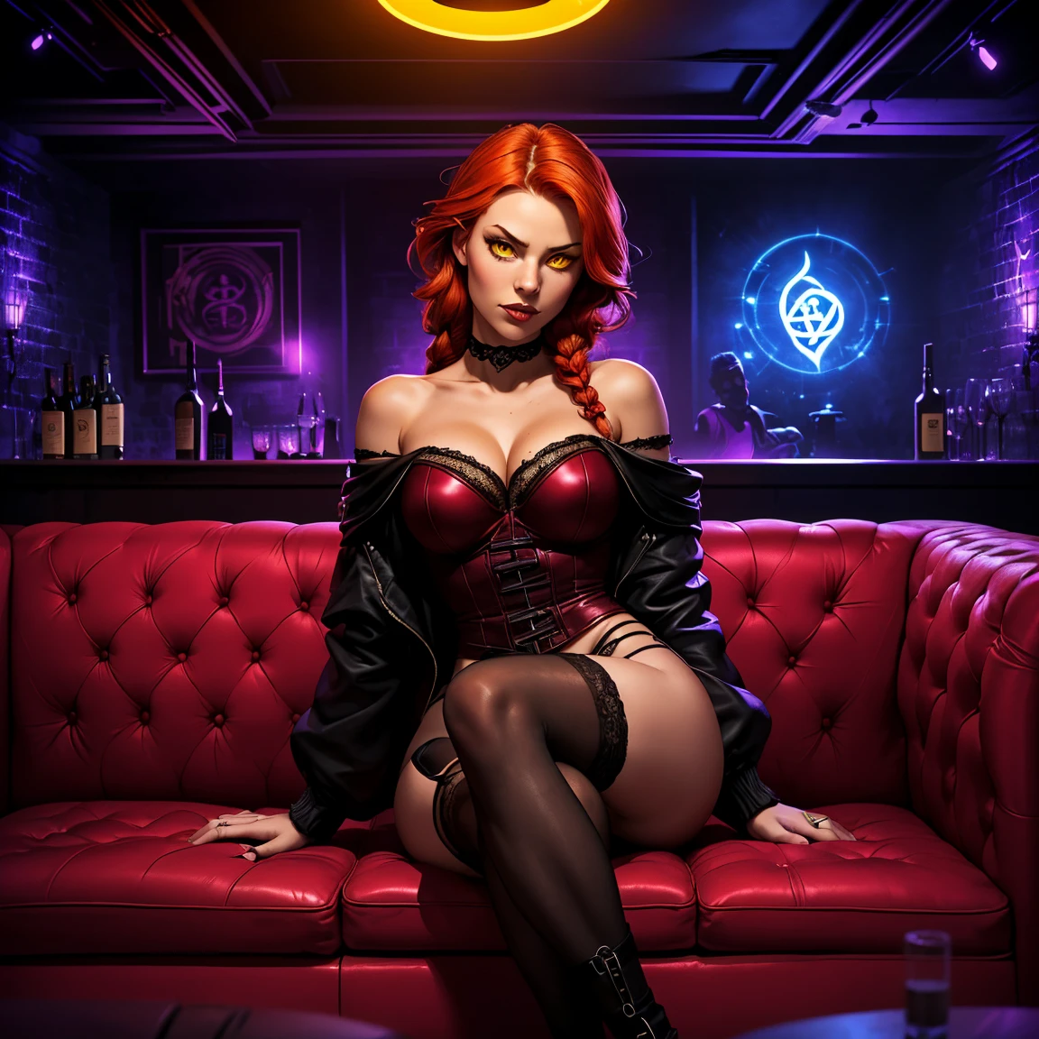 1 woman, inside a city at night, wearing a low-cut lilac dress and leather jacket over it, female red eyes, detailed fair skin, large breasts, ear studs, long red hair in a choppy style, shaved red gothic hair, dramatic lighting, cinematic composition, wearing glasses, dark palette, dark colors, atmospheric haze, thin chin, soft face, serious face, beautiful woman, adult woman, ultra realistic, adult woman (best quality, 4K, 8K, high resolution, art: 1.2), ultra detailed (realistic, photorealistic, photorealistic: 1.37)