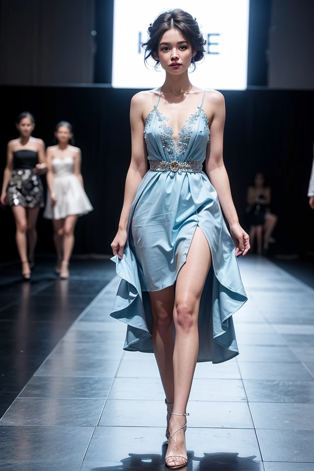 best qualtiy, jewelry，Full body like，Summer clothes，Fashion show，Barefoot，Refined face，pretty  face，1 25-year-old Asian female，slimfigure，Larger bust