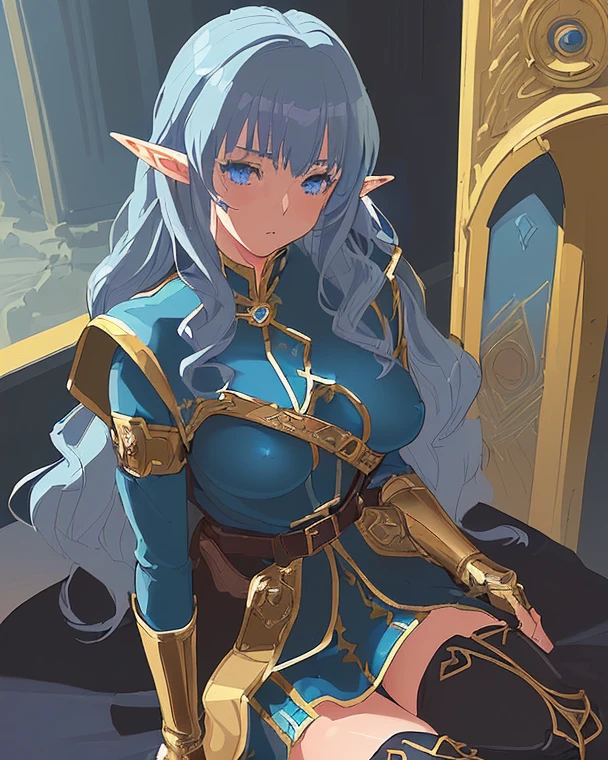 Create a beautiful elf female character with an enchanting aura, captivating blue eyes, and an alluring demeanor that exudes elegance and confidence. --auto --s2