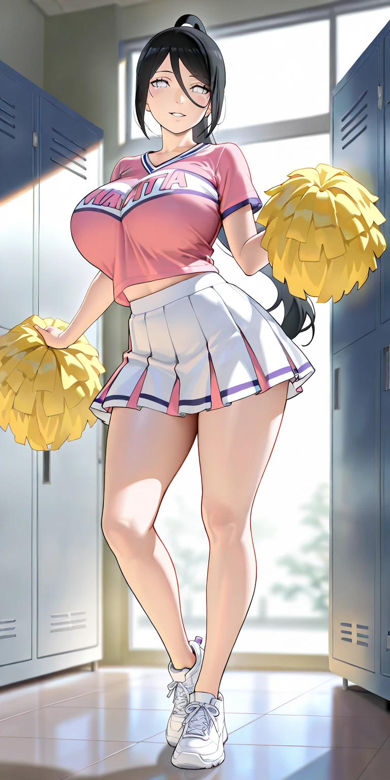 Big breasts, high school girl, cheerleader, underboob visible, miniskirt, no panties, no bra, pompom, dark skin, plump belly, grinning, classroom, brown hair, long hair, ponytail, blushing face, skirt lifted, nipples and areola visible, bow-legged