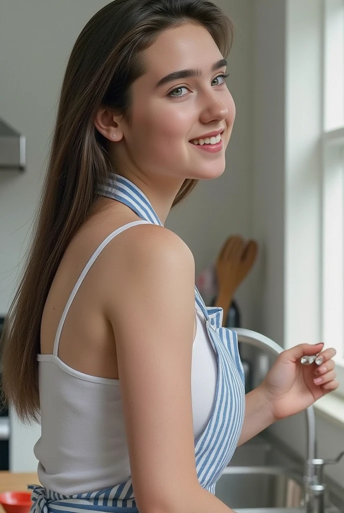 naked apron、Apron that hangs from the neck to protect the chest、young beautiful white woman、19 years old、Emphasize sideboob、Ponytail、plump face、clear blue eyes、narrow mouth、thick parted lips、Gently stare at the camera、Photographed from directly below、High resolution、8K、