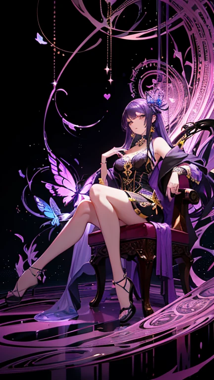 chibi,(extremely detailed CG unity 8k wallpaper),(masterpiece),(best quality),(ultra-detailed),(best illustration),(best shadow),(an extremely delicate and beautiful),dynamic angle,floating,finely detail,(bloom),(shine),glinting stars,classic,(painting),(sketch),a girl,(((dragon girl))),dragon horn,vertical pupil,solo,bare shoulders,medium_chest,diamond and glaring eyes,beautiful detailed joyful face,very long black and purple hair,floating black feathers,wavy hair,long and high ponytail,extremely delicate and beautiful girls,beautiful detailed eyes,pink eyes,glowing eyes,sparkles,((petals)),dragon background,(((water))),glass fragments,white background --auto --s2