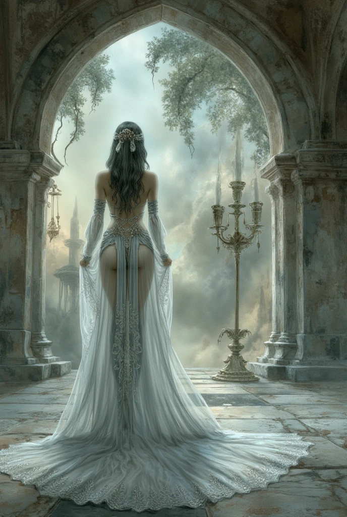 FS, an albino girl with perfect 10 features and long black Rapunzel-like hair, stands in a picturesque Avatar-like scene. Her body is graceful with a petite bust and slender legs. The girl looks stunning in a sheer organza dress with intricate designs. Her high-heeled shoes are elegant with golden patterns. The sunlight creates a subtle silhouette around her contours from the back, while soft and filling light illuminates her from the front. This scene has photorealistic qualities and is a concept art that creates a wow effect of:2. It can be found on the website 500px with hyper-superior details