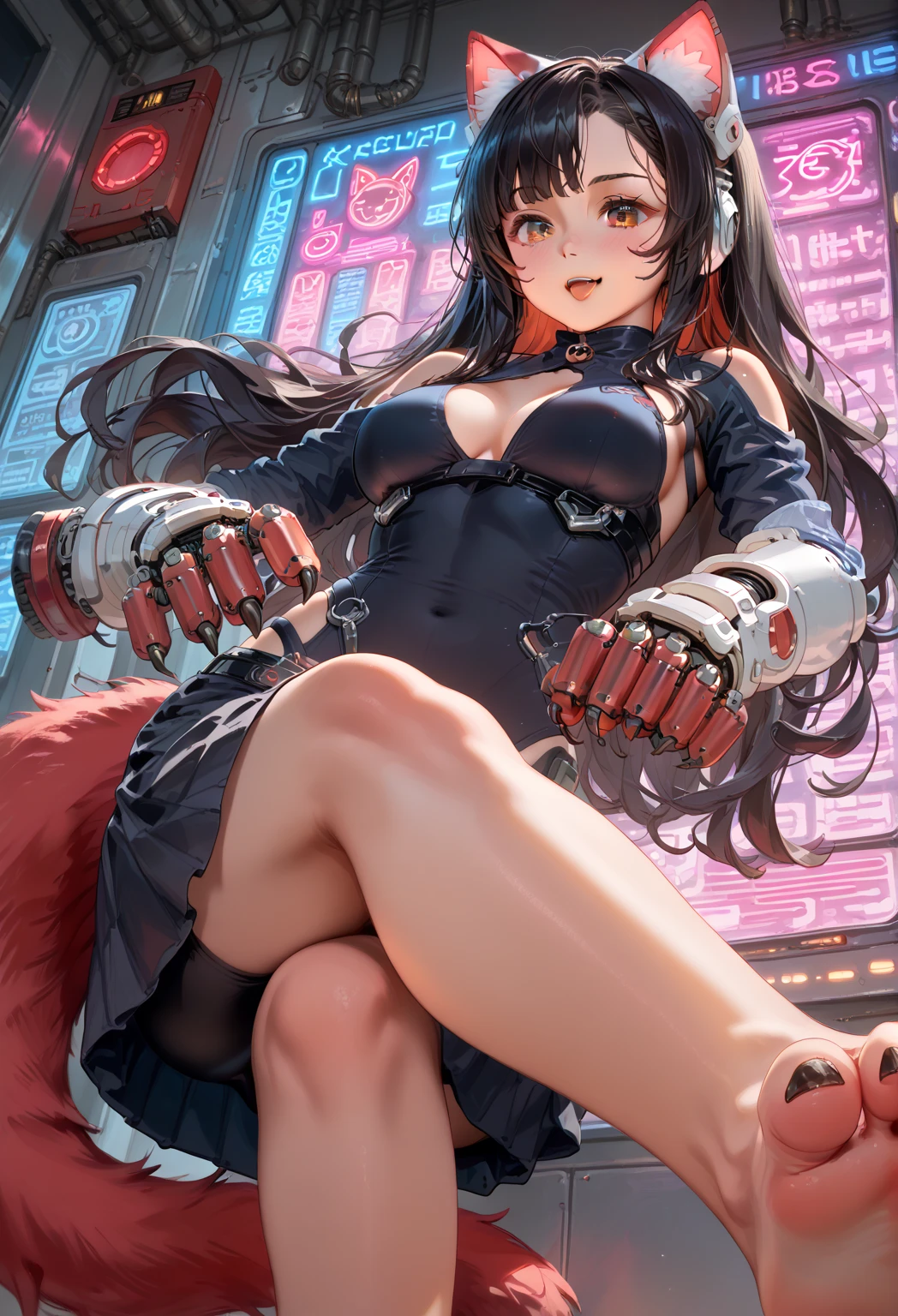 (from above:1.2),(Beautiful Allafed Woman),(((emphasizing breasts:1.0))),(Dynamic angles),(Dynamic and sexy bending pose:1.3),(sit a chair:1.3),(masterpiece:1.2), (Military uniform magazine cover:1.4),best quality,PIXIV,Sweet girl , sexy posture,1girl, (perky chest:1.2), rolling upskirt by wind:1.6, (with sparkling eyes and a contagious smile),open mouth, (pointed chest:1.2),fishnets, black hair, boots, long hair, black nails, skirt, shirt, solo, black footwear, bag, black skirt, jewelry, sitting, jacket, on head, black jacket, thigh strap, bangs, necktie, earrings, nail polish, white shirt, fishnet pantyhose, pantyhose, platform footwear, multicolored hair, looking at viewer, full body, bottle, own hands together, belt, jacket on shoulders, food, animal on head, black necktie, ring, choker, english text, collared shirt, blue eyes, platform boots, hat, cross-laced footwear, lace-up boots ,A scene of cooking in the kitchen