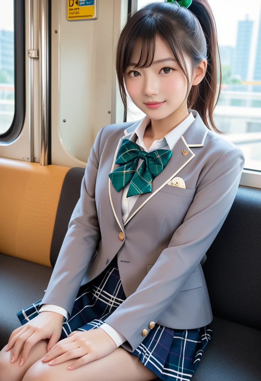 (8k), (highest quality: 1.2), (Realistic), (Realistic: 1.37), Ultra-high resolution, 1 girl, cute, A shy smile, Blushing,Mouth closed, Peach-colored lips,Beautiful details, Beautiful Nose, Beautiful black hair, bangs,Twin tail hair,Giant Dulcefo, pork, Thighs，Self Snap,University Uniforms,Sitting on a train in Tokyo,simple blazer,Pleated skirt,(The pattern of the white skirt is a tartan check pattern.....:1.3),Crossing your legs, From above,(Close up on thighs),(Shiny pantyhose),