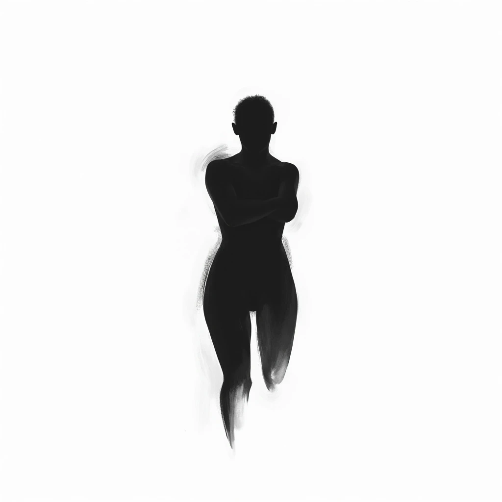 Generates a drawing of the silhouette of a person with irregular figures holding his stomach