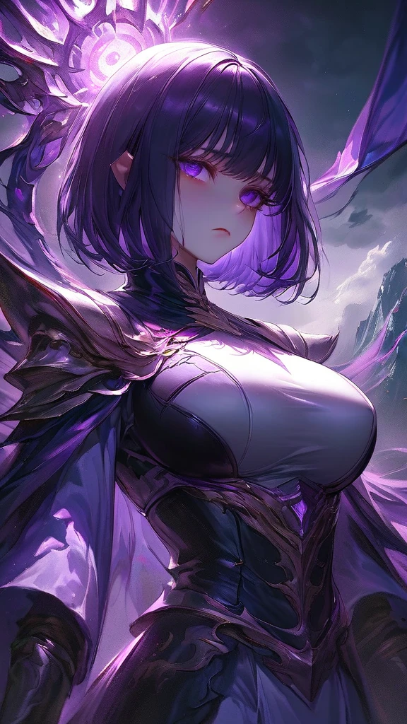 (masterpiece, best quality, ultra-detailed, best shadow), (detailed background,dark fantasy), (beautiful detailed face), high contrast, (best illumination, an extremely delicate and beautiful), ((cinematic light)), colorful, hyper detail, dramatic light, intricate details, (1girl, solo,white hair, sharp face,purple eyes, hair between eyes,dynamic angle), blood splatter, swirling black light around the character, depth of field,black light particles,(broken glass),magic circle,
