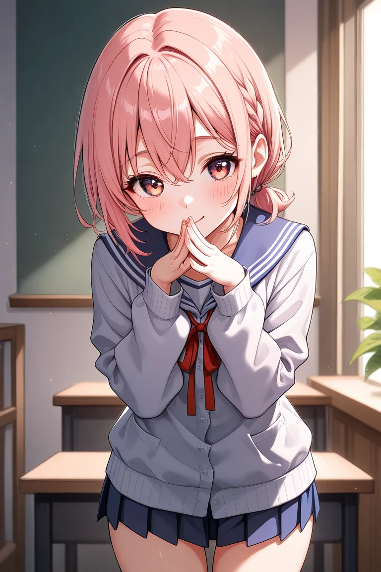 masterpiece, best quality, official art, professional artwork, highres, lens flare, (vibrant_color:1.2), (1girl), solo, <lora:Lacey-10:0.8>, lacey, medium hair, pink hair, open mouth, pink coat, neckerchief, white shirt, [interlocked eyes:1.1, beautiful hands, beautiful fingers:1.1, perfect hands, detailed hands:1.2, perfect fingers, detailed fingers:1.1, five fingers:1.5, good hands, beautiful fingers], blush, blue pants, upper body, <lora:felges1-000024:0.5>, ((ok sign:1.4, fellatio gesture:1.4, implaied fellatio)), sexually suggestive, close up, frontal view:1.2, tongue, sitting on bed, looking at viewer, hand at side, ((hotel room)), steam, steaming background, sweat, (narrowed eyes:1.1)
