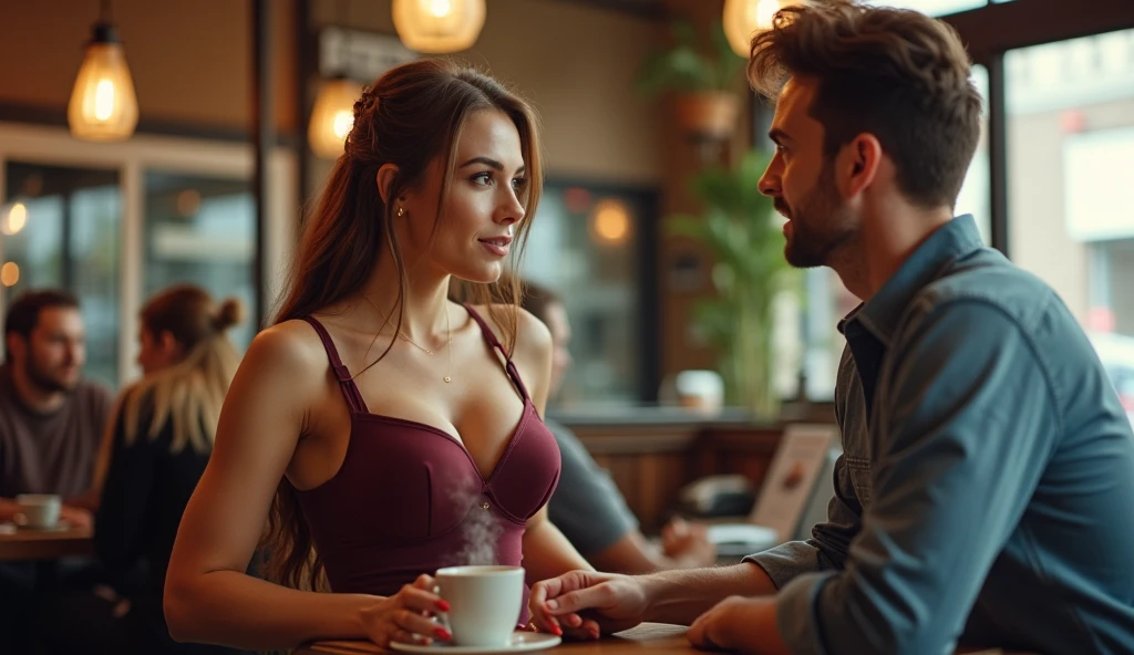 she is name ahu 20 years old (brunette) ,(tall woman),(long legs),single woman, chest 80 waist 60 hip 80 , G30,big normal breast,she is wear black strapless dress, A 30-year-old handsome man is sitting next to Ahu, the man's face is not visible. Ahu's face is visible. The man's head is seen from behind and he is looking at the ahu, and the ahu is looking at the man. We see the man from behind. Ahu and the man are drinking coffee, the man's face is not visible at all, the man's back is visible, the man and the man are sitting next to each other,
The camera shoots from a distance, the body of the man and the ahu is fully visible, the camera shoots from a distance, it shoots from behind the man, the camera shoots from 5 meters behind the man and the ahu. ,RAW, Nikon Z 85mm, award-winning glamor photography, ((best quality)), ((masterpiece)), ((realistic)), (long brunette hair), hazel eyes,intricate details, highly detailed, sharp focus, professional, 4k, stunning hazel eyes, delicate, innocent, high resolution, detailed facial features, high detail, sharp focus, soft , aesthetic, extremely detailed, photo_\(ultra\), photorealistic, realistic, post-processing, maximum detail, real life, ultra-realistic, photorealism, photography, 8k uhd, photography, russian face