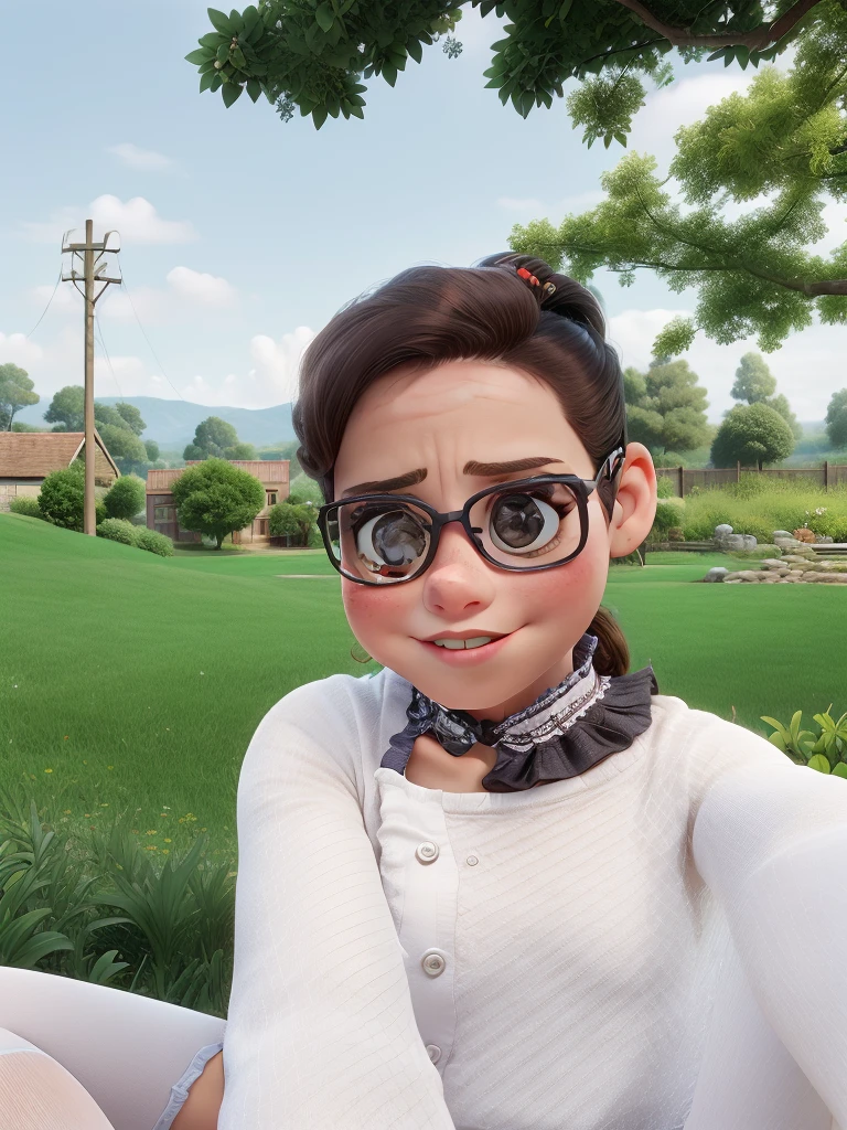 Cire uma mulher adulta mais velha, pele clara, olhos castanhos claro, cabelo curto liso, loiro, Thin-framed glasses, next to a medium-sized black dog with long fur, ((melhor qualidade)), ((obra de arte)), (detalhado), rosto perfeito