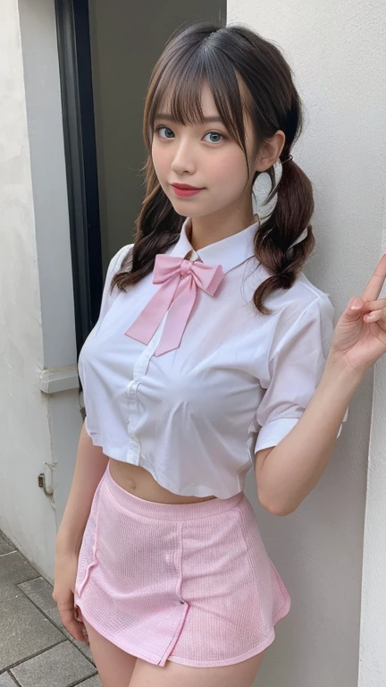 (((Round face))), ((blush, Droopy eyes)), ((Stylish glasses, Strange pose, Showing some pubic hair and genitalia)), young woman, White summer shirt, Red ribbon, Pleated skirt, uniform, school bag, short hair, Swollen areola, at the park, skyscraper, Strong sunlight,