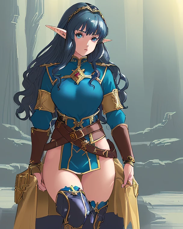 female, dark elf, solo, tan skin, black hair, purple eyes, slave outfit, chain collar, fantasy, ruined elf village background, standing on ground, no nsfw, hd, masterpiece, portrait, pov