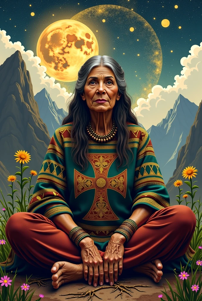 Portrait of a Bolivian indigenous woman with lunar symbolism