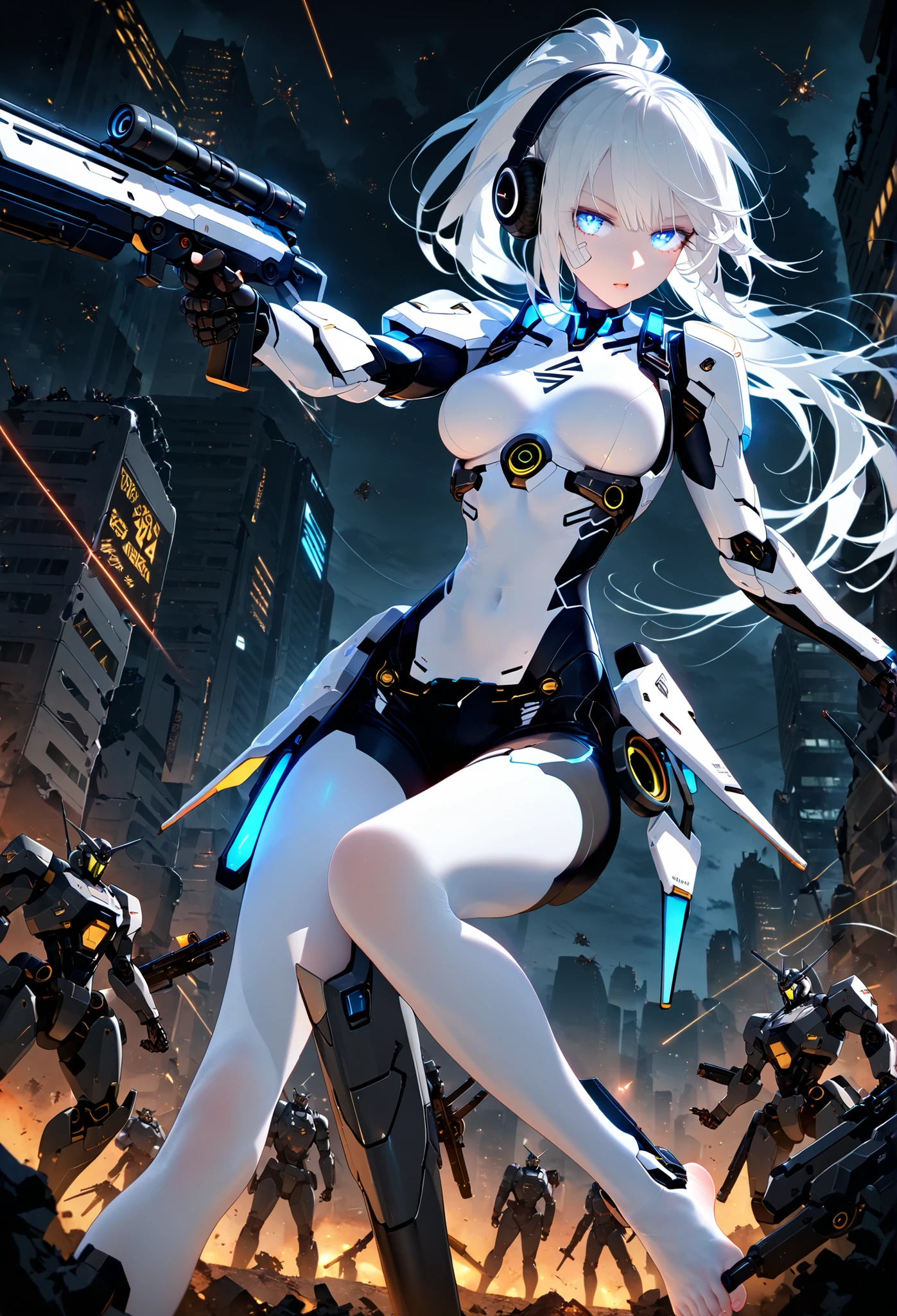 cowboy shooting, cyberpunk mecha girl with a long black and white ponytail, Detailed mechanical body with a glowing exoskeleton , Headphone Gear , booster units , equipped with huge weapons , Fighting in a Midnight Ruined City , surrounded by many enemies , high resolution, Ultra Detailed 64K CG , Top Quality, Extremely Glowing Skin , beautiful detailed face, beautifully detailed eyes, perfect anatomy, perfect toes , perfect arms, Perfect Finger, perfect leg, Extremely Detailed Background