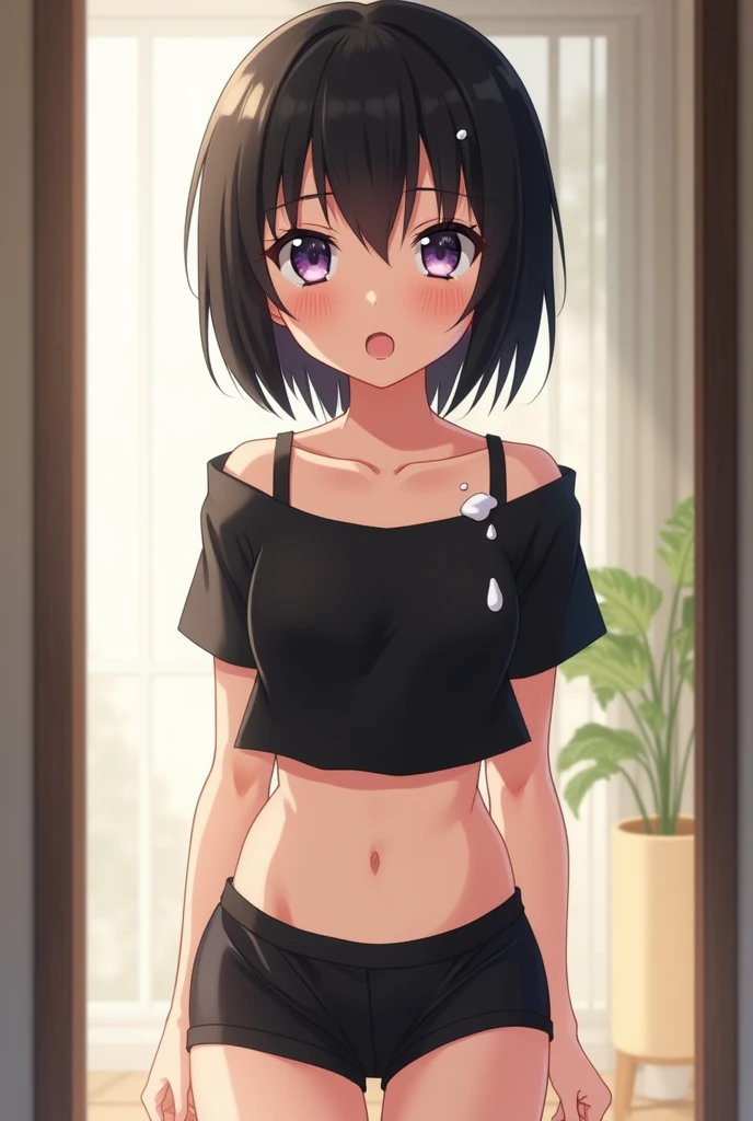 One woman, blush, Short Hair, Black Hair, Small breasts 8k, Very detailed, 16k, Outdoors Front view Perfect pink camisole Black eyes My camisole is being pulled