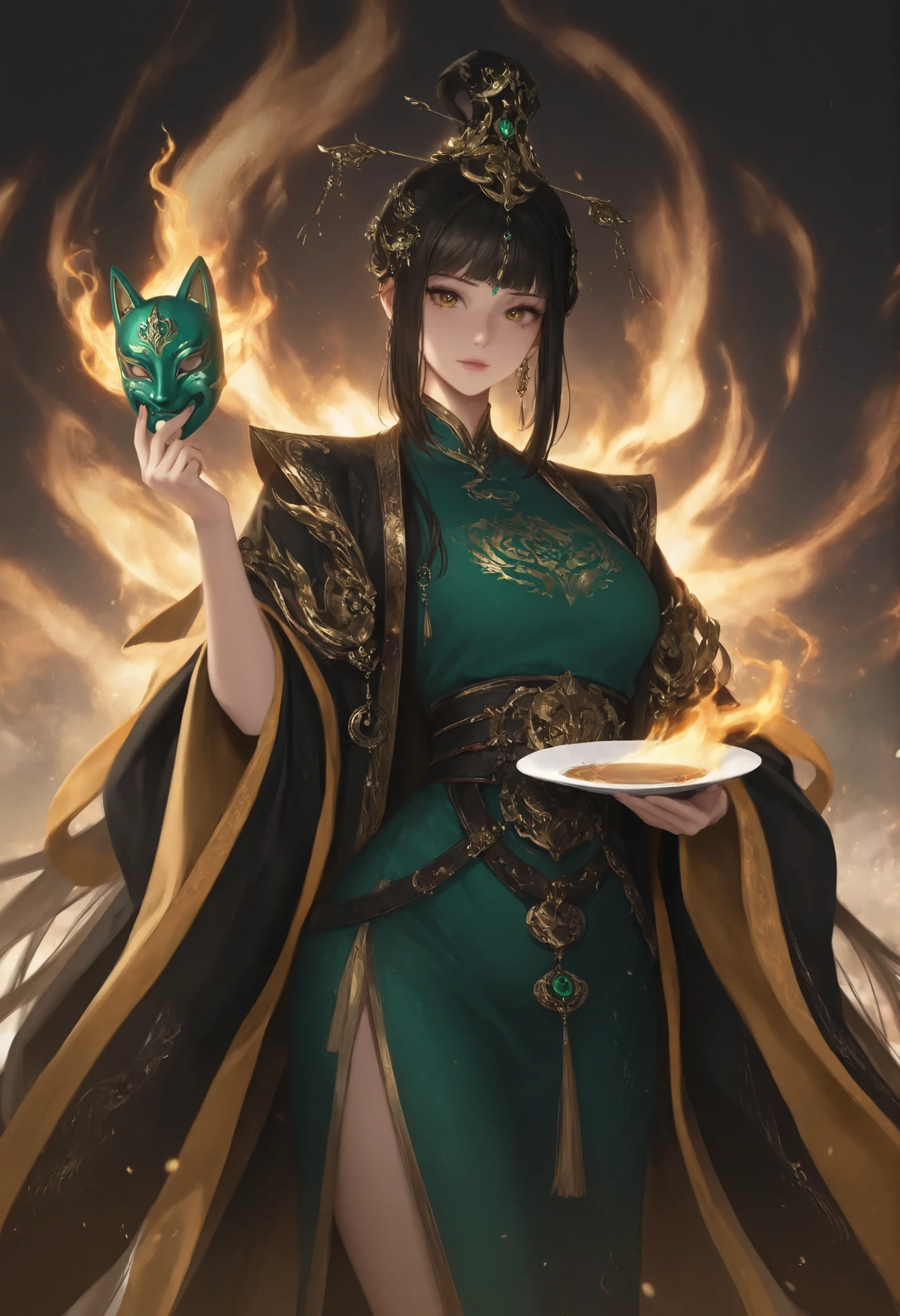 1girl,jade_mask_empress, face_plate_cracked_to_reveal_maggots, phoenix_robe_stained_with_eternal_tea  
,masterpiece, best quality, newest, highres, absurdres,