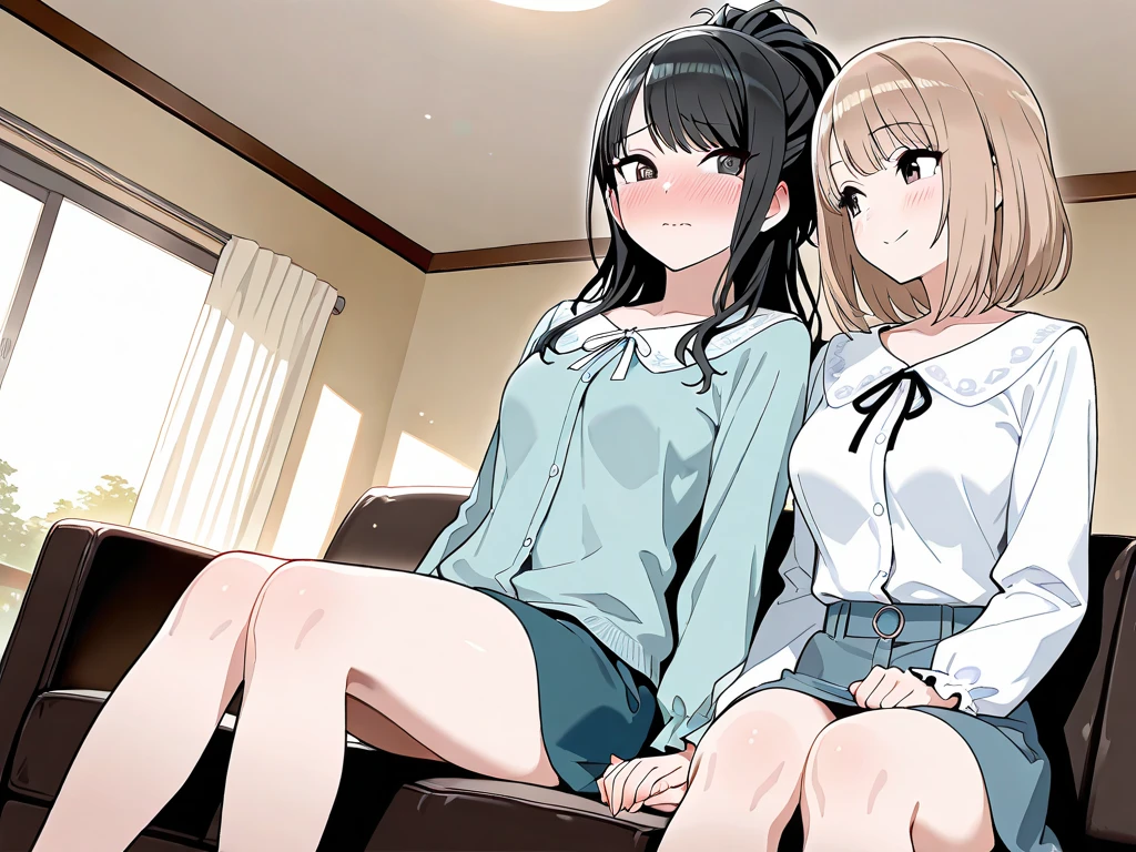 one girl, white blouse,hotpink striped panties,boobs,tall of a person,thin,sharp eyes, beautiful face,slender face,sitting with legs tucked under,hands between legs, flushed cheeks,cool,short bob,wave hair,gold hair,blue eyes,indoor,on the bed,masterpiece, extremely fine and beautiful, illustration, anime, black thick outline