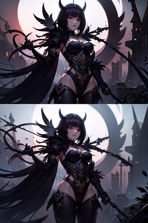 character design of a humanoid demon, with female bust, spider legs, scorpion claws, with a horn in the center of the forehead, no eyes, bizarre mouth and a black hole in the center of the chest, multiple poses, full body, anime style