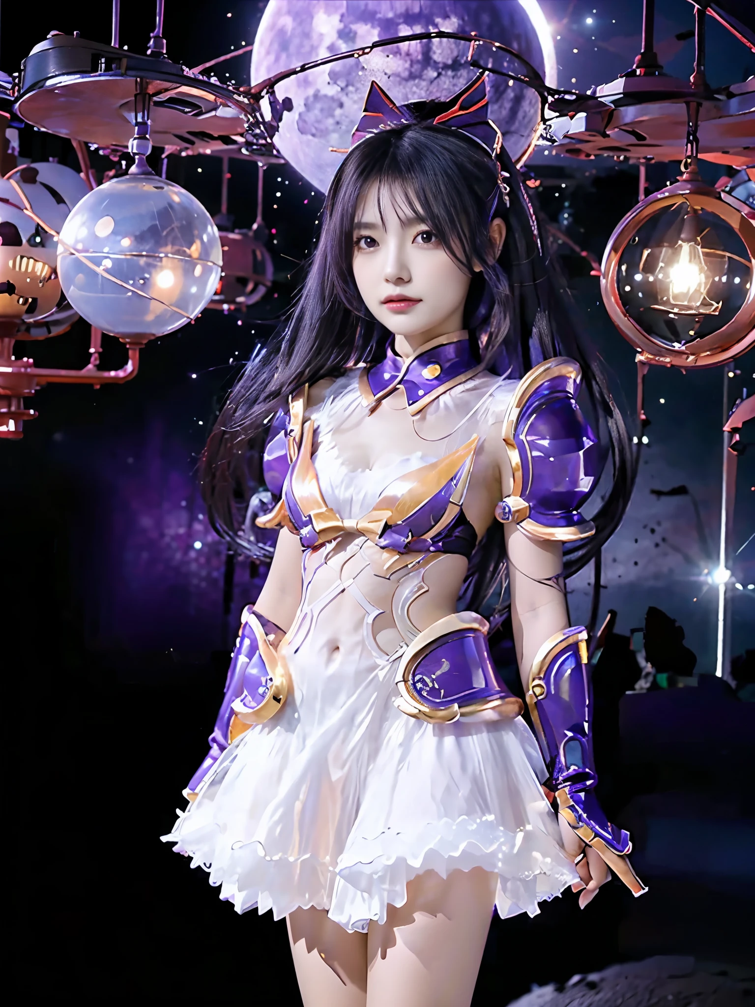 Depict Ahri in her Star Guardian skin, with a celestial theme, vibrant colors, and a magical staff, standing heroically against a starry sky