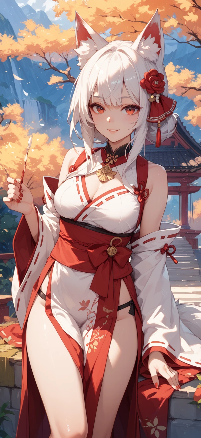 (masterpiece, best quality:1.2), (1girl, solo), nsfw, 18years old, upper body, (silver hair, hair ornament, red demon horns), light green eyes, (white and red kimono, undressing, open chest, bare shoulder, bare breast, pink nipple), both hands on the monument, look back, Japanese old style garden, (twilight, sunset)