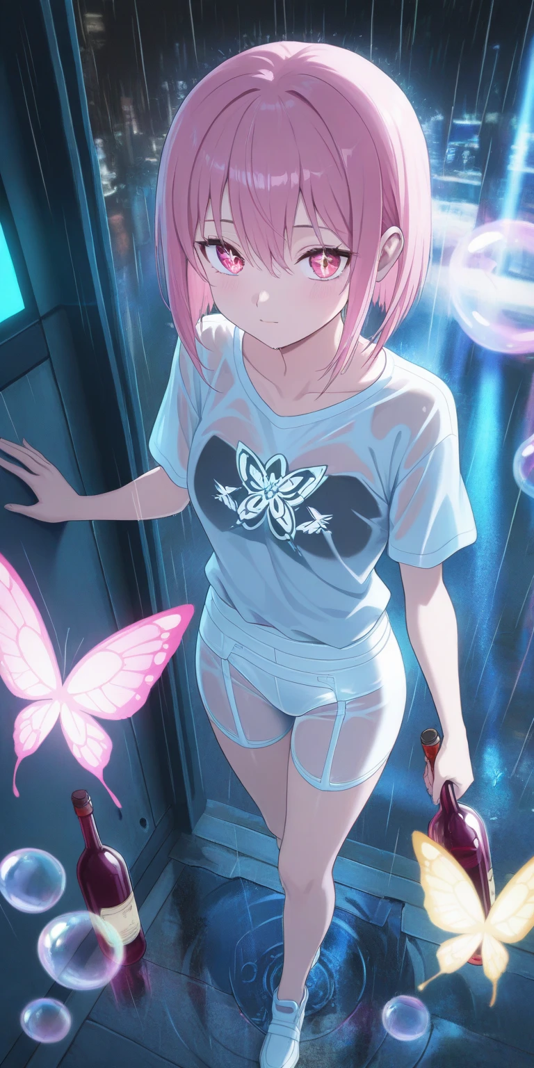 Cute anime girl,White short hair,The character crouches,Wear a pink miniskirt,The chest is prominent and has contours,Nipple protrusion,Showing side breast,Nurse uniform,Translucent clothing,Clothes are tight,Body Contouring,,Low collar,One leg stretched towards the camera,Thinner legs,White swimming briefs,Wearing pink over-the-knee sneakers,Short Ponytail,Lift one foot forward,Sole facing the camera,Close-up of boots,Open your legs,The camera is aimed between the legs