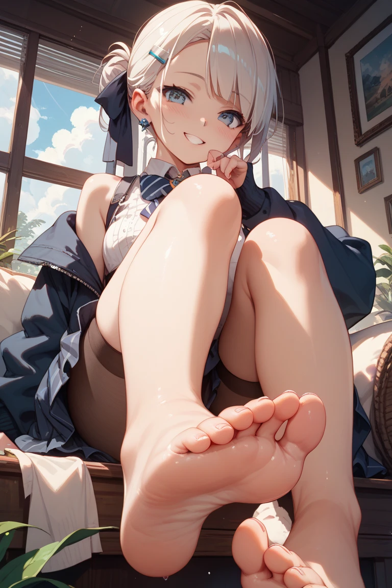 1girl,legs,masterpiece,best quality,very aesthetic, absurdres,pale hair,pale eyes,light blue eyes,Detailed eyes,(Toes:1.3)
