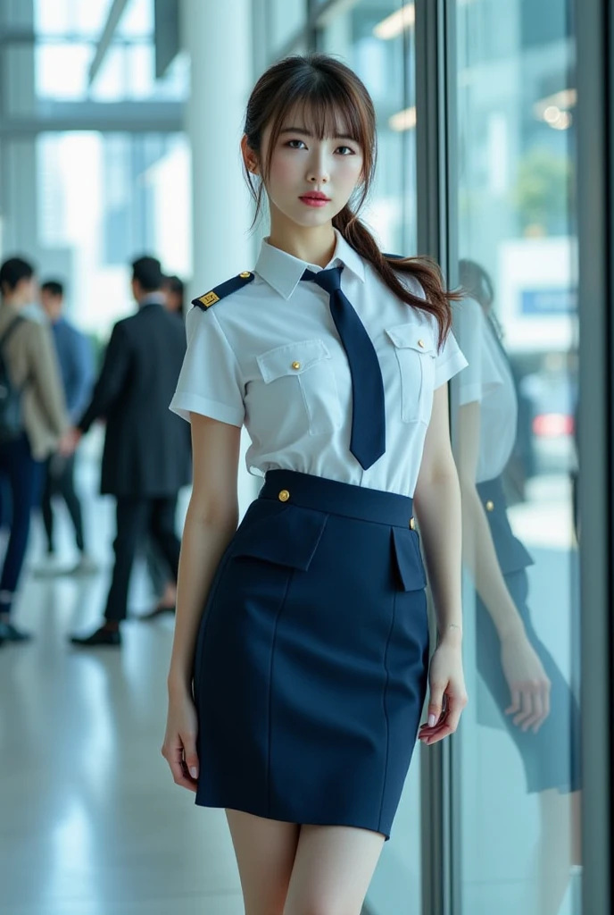 ((of the highest quality, 8K, masutepiece: 1.3, Raw photo)), Sharp Focus: 1.2, (1 AESPA Girl :1.1), Solo, (Realistic, Photorealistic: 1.37), (Face Focus: 1.1), Cute face, hyperdetailed face, tie her hair into a bun, Small Smile, Small breasts, flat chest, (flight attendant uniform: 1.2), standing, Thigh, showing chiffon panties, airport, terminal